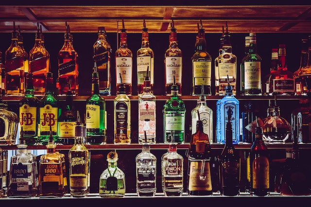 spirits bottles on a bar